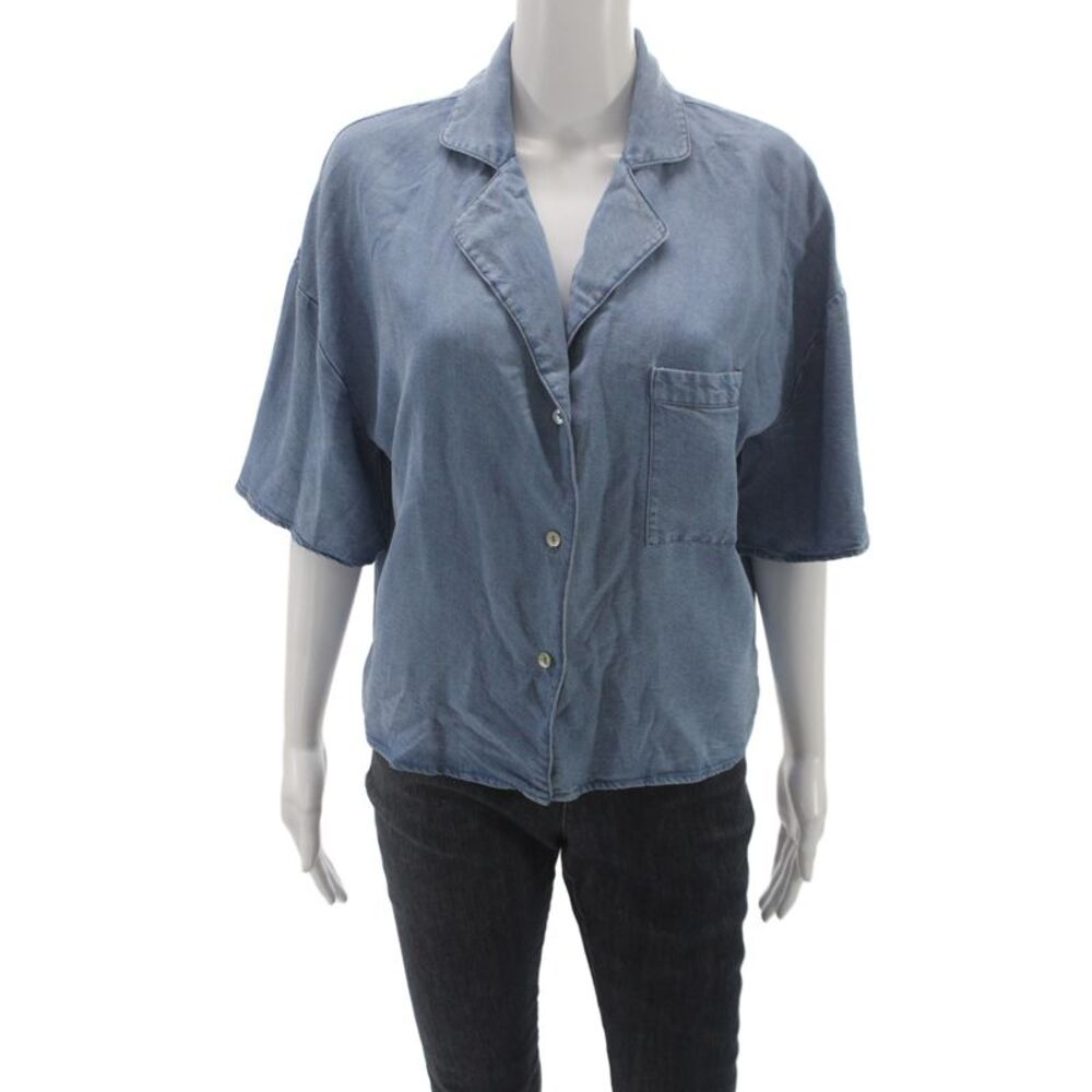 En Creme Womens Basic Button-Up Collared Short Sleeve Blue Tencel Top Size S